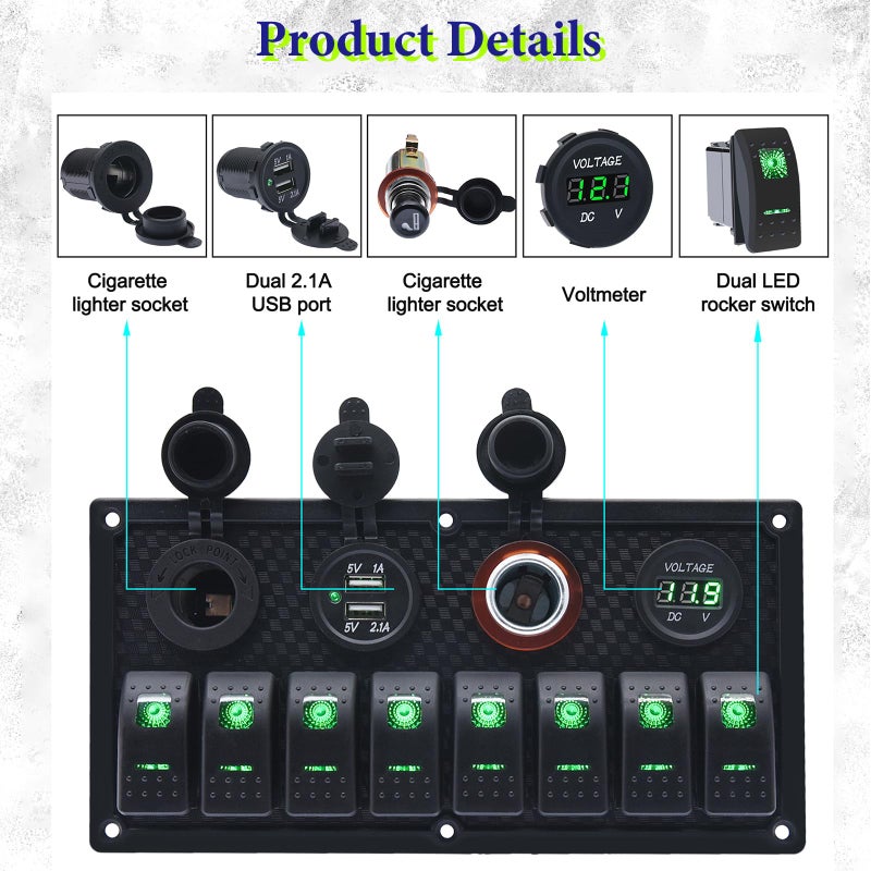 Geloo 8 Gang Marine Rocker Switch Panel, Boat Switch Panel Waterproof, 12V Switch Panel Toggle Switches Panel with LED Circuit Breaker 3.1A USB Charger Voltmeter ON/Off for Car Rvs Vehicles (Green - Image 3